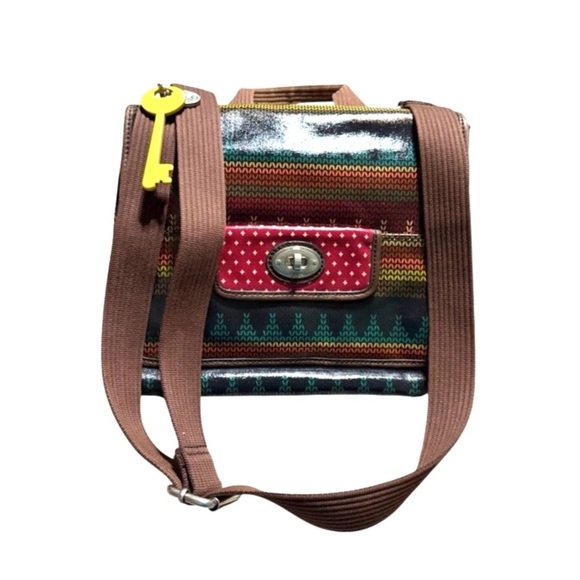 Fossil Key Per Coated Canvas Leather Trim Crossbody Messenger Bag Key charm - Picture 9 of 16